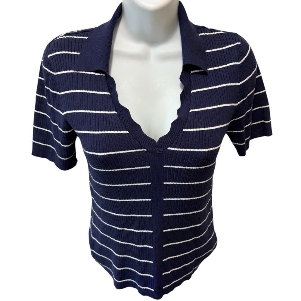 Laundry By Shelli Segal Striped Knit Polo Sweater M SS Navy White Scallop Neck